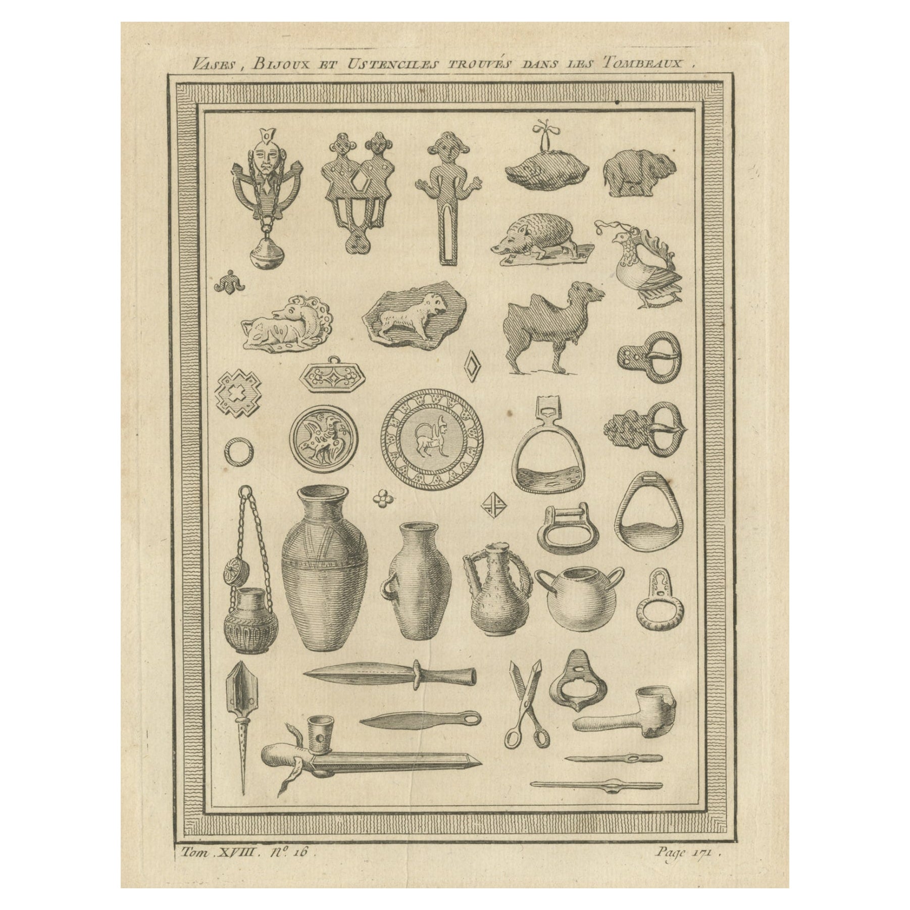 Impression ancienne de vases, bijoux et ustensiles de Krasnoyarsk, 1768