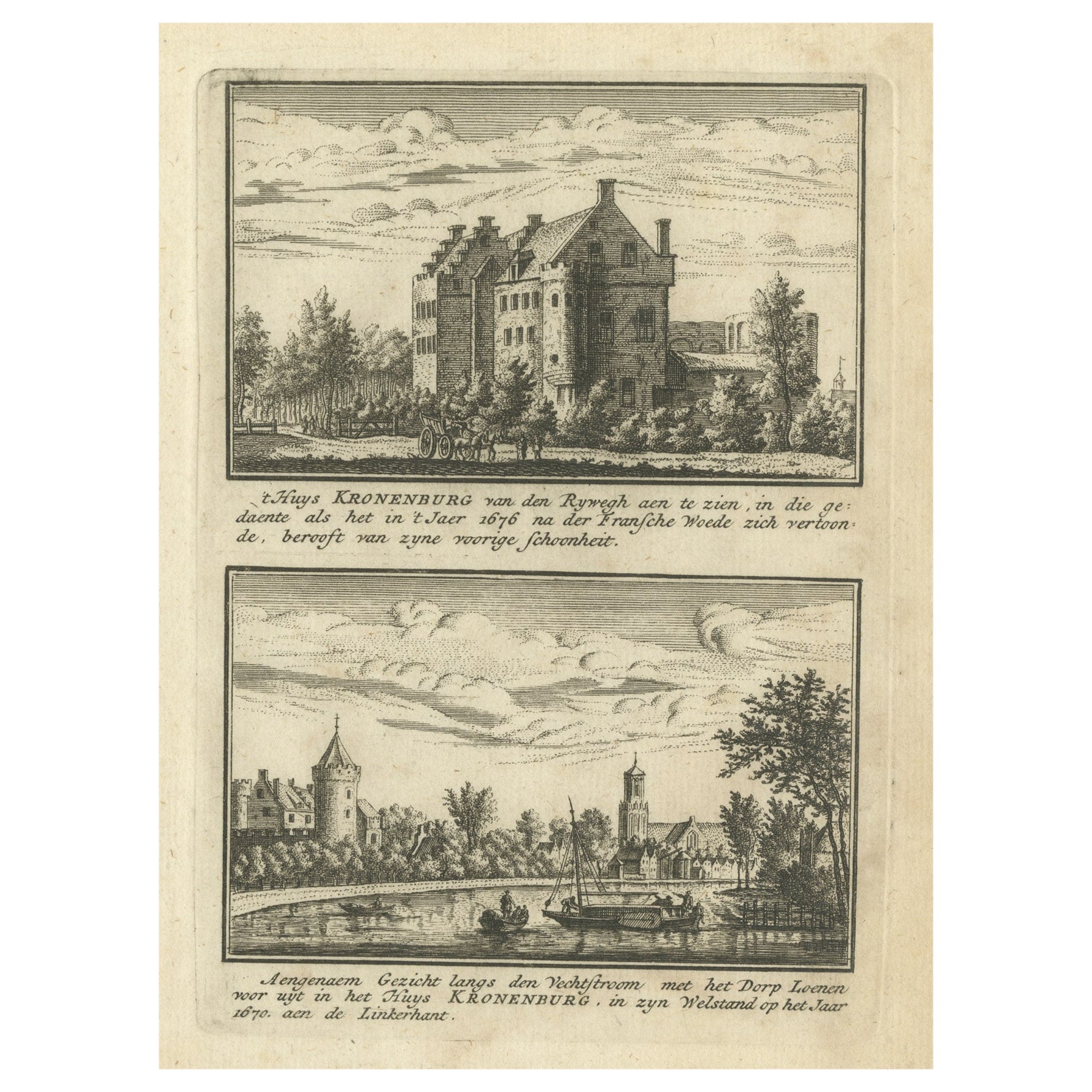 Antique Print of Kronenburg Castle Near Loenen, Utrecht, the Netherlands, c.1725