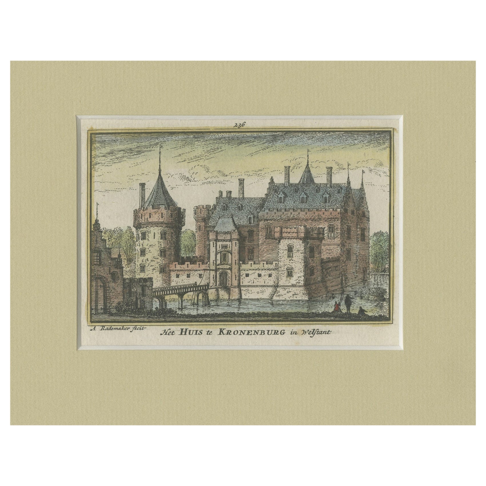 Altes Druck des Schlosses Kronenburg in der Nähe von Loenen, Utrecht, Holland, 1730 im Angebot