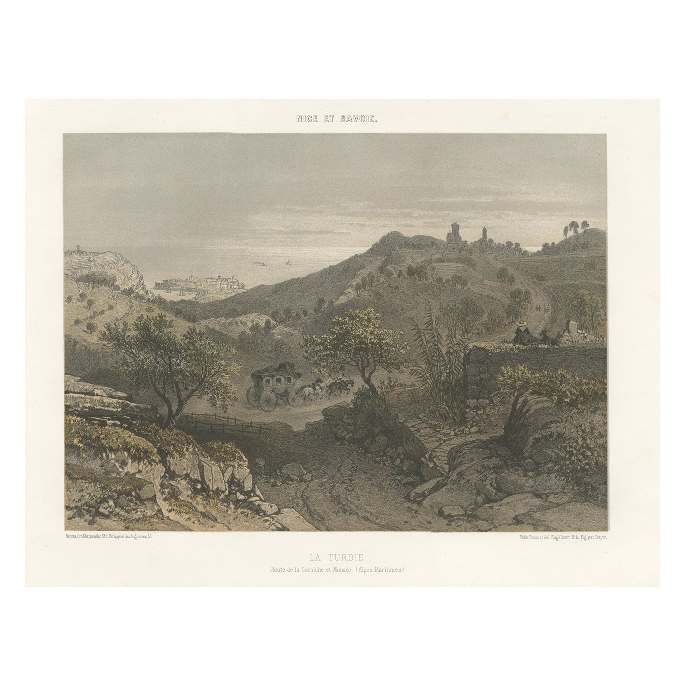 Antique Print of La Turbie or Route de la Corniche et Monaco, c.1865