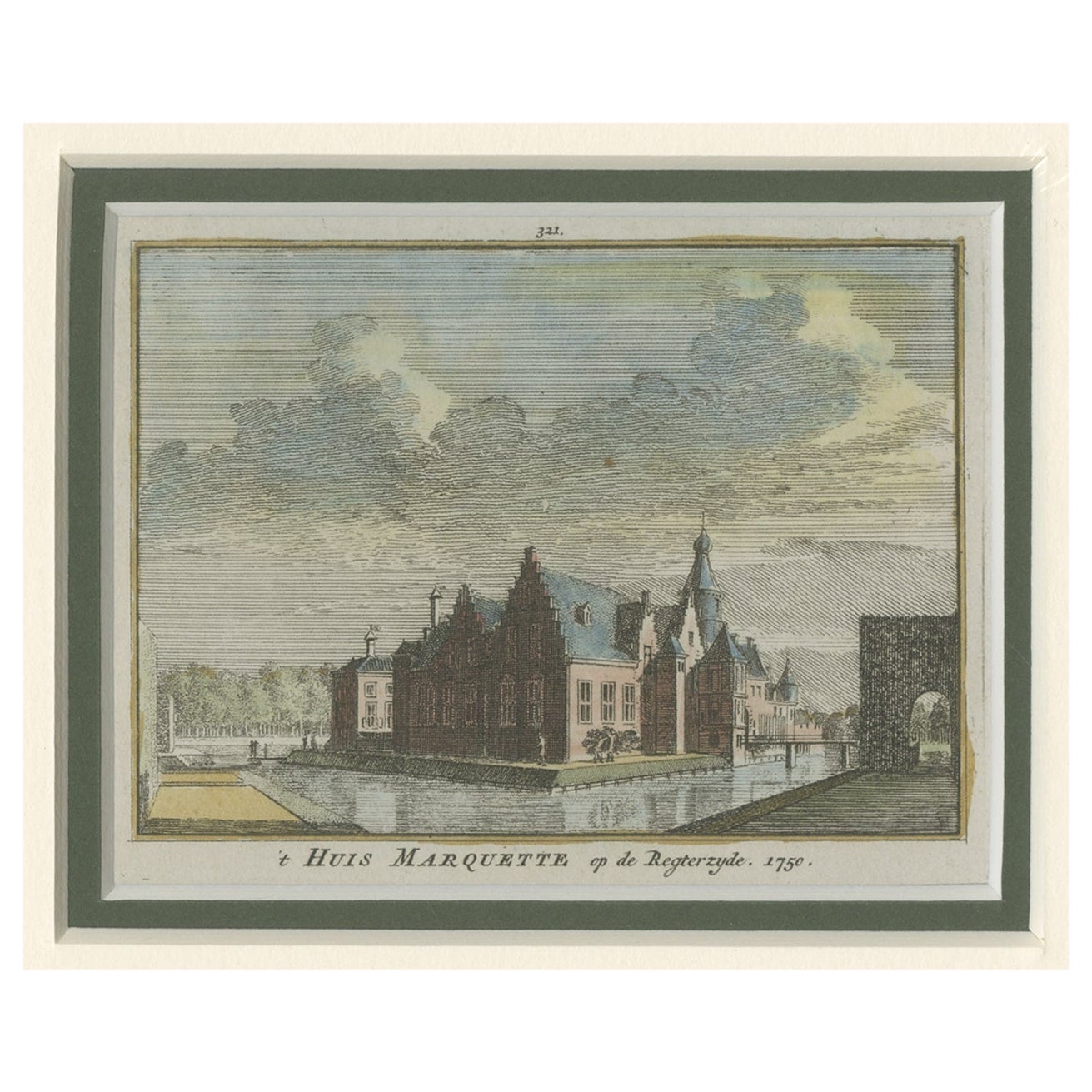 Antiker Druck von „Huis Marquette“, ein Schloss in Holland, um 1750