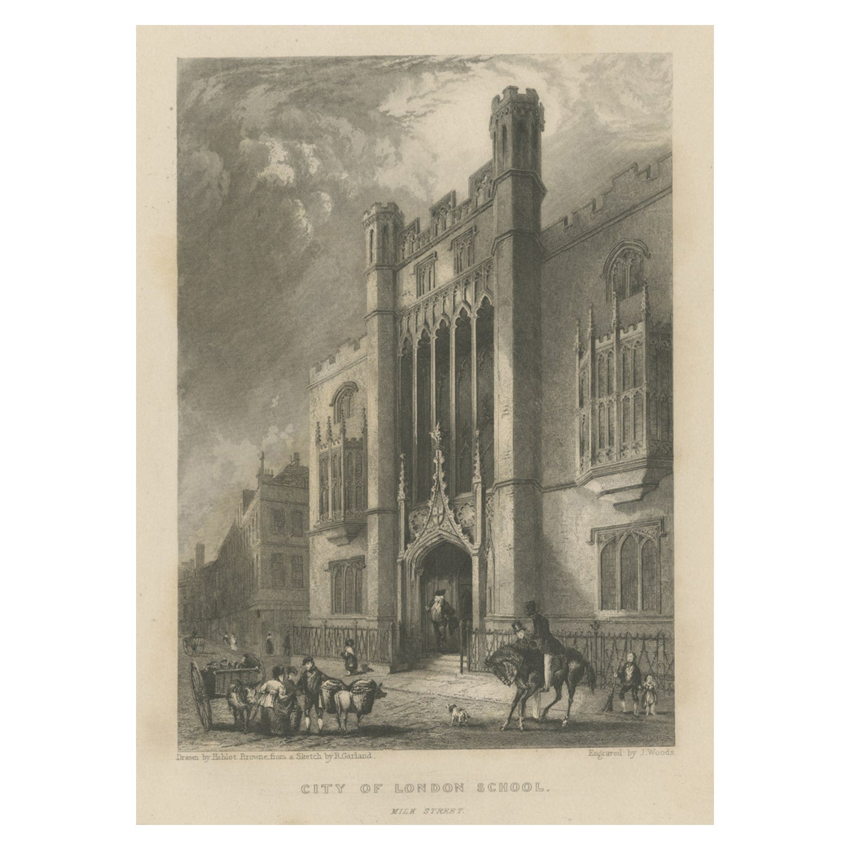 Antique Print of the City of London School, England, c.1840 For Sale