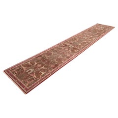 Vintage Hand-Woven Turkish Oushak Wool Runner Rug in Burgundy, Sage, and Tan