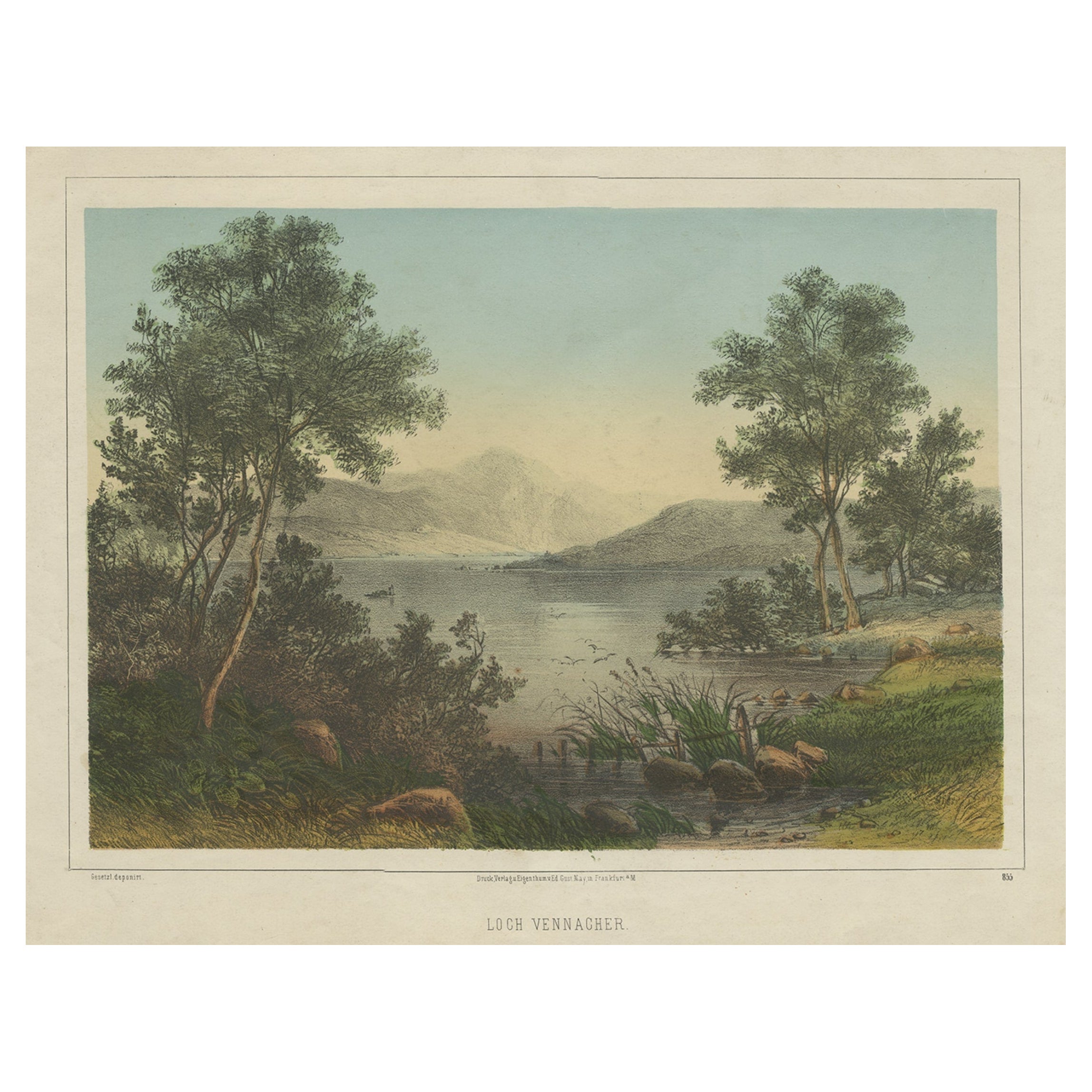 Old Print of Loch Venacher, a Freshwater Lake near Stirling, Scotland, c.1850 For Sale