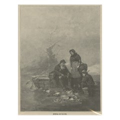 Antique Print of Ice Fishing, circa 1900