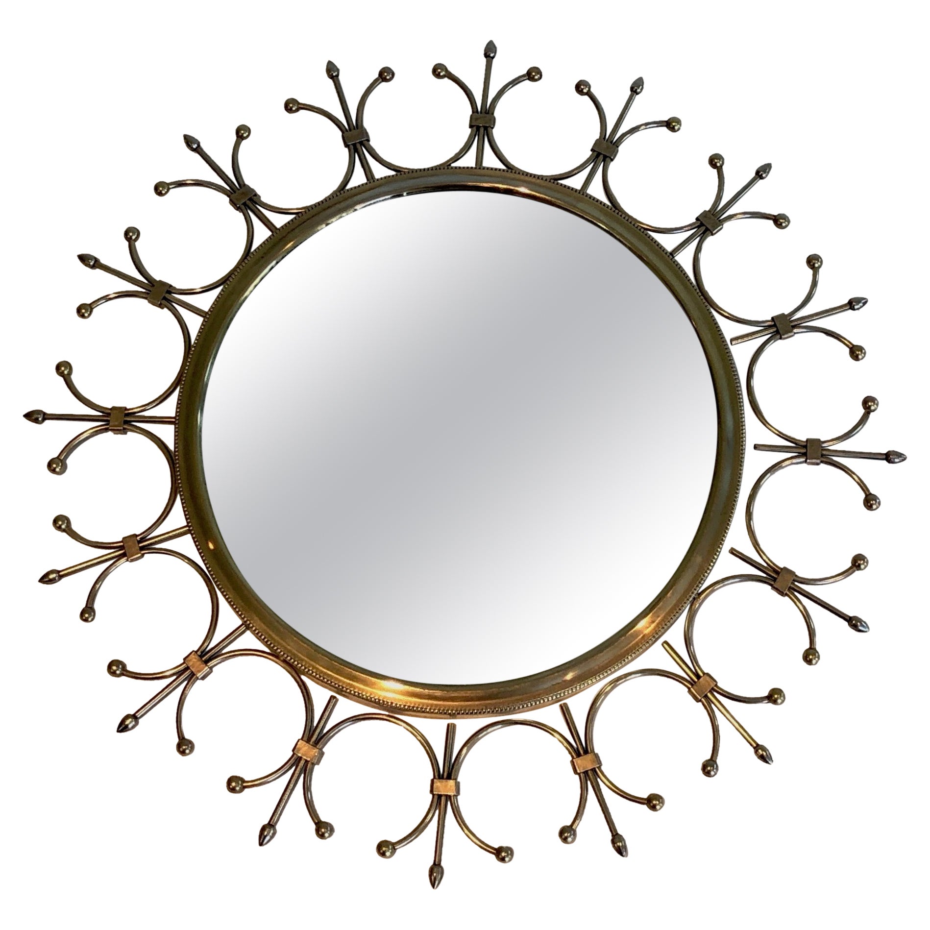 Brass and Brushed Steel Sunburst Mirror. French Work, Circa 1970