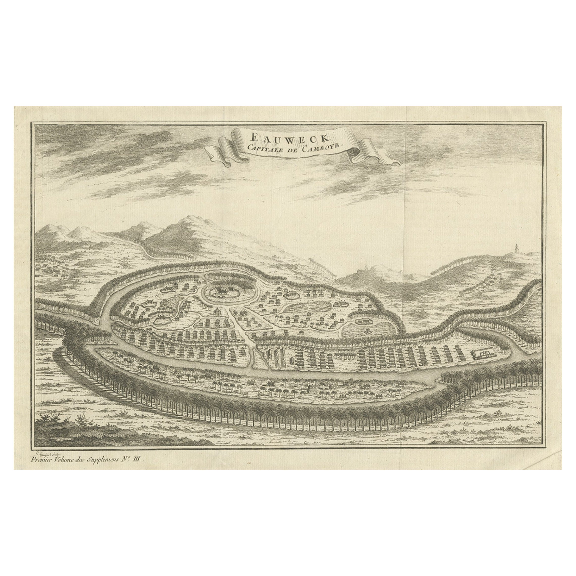 Ancienne gravure de Longvek ou Lavek (Eauweck), la deuxième capitale du Cambodge