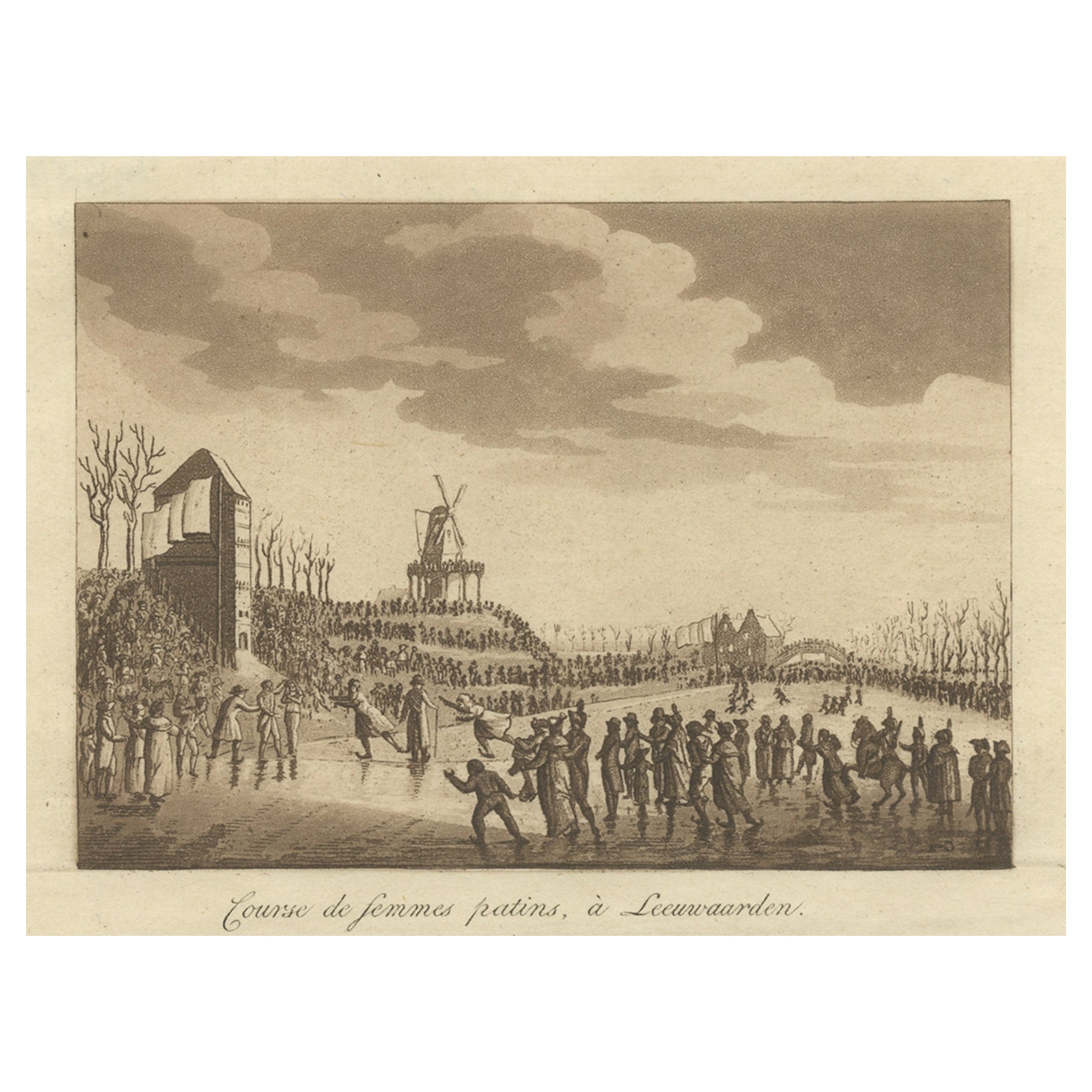 Rare Print of Ice Skating in Leeuwarden, Capital of Friesland, The Netherlands For Sale