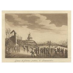 Antique Rare Print of Ice Skating in Leeuwarden, Capital of Friesland, The Netherlands