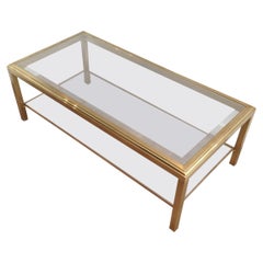 Brass Coffee Table with Clear Glass Shelves, Beveled Glass on Top, French Work