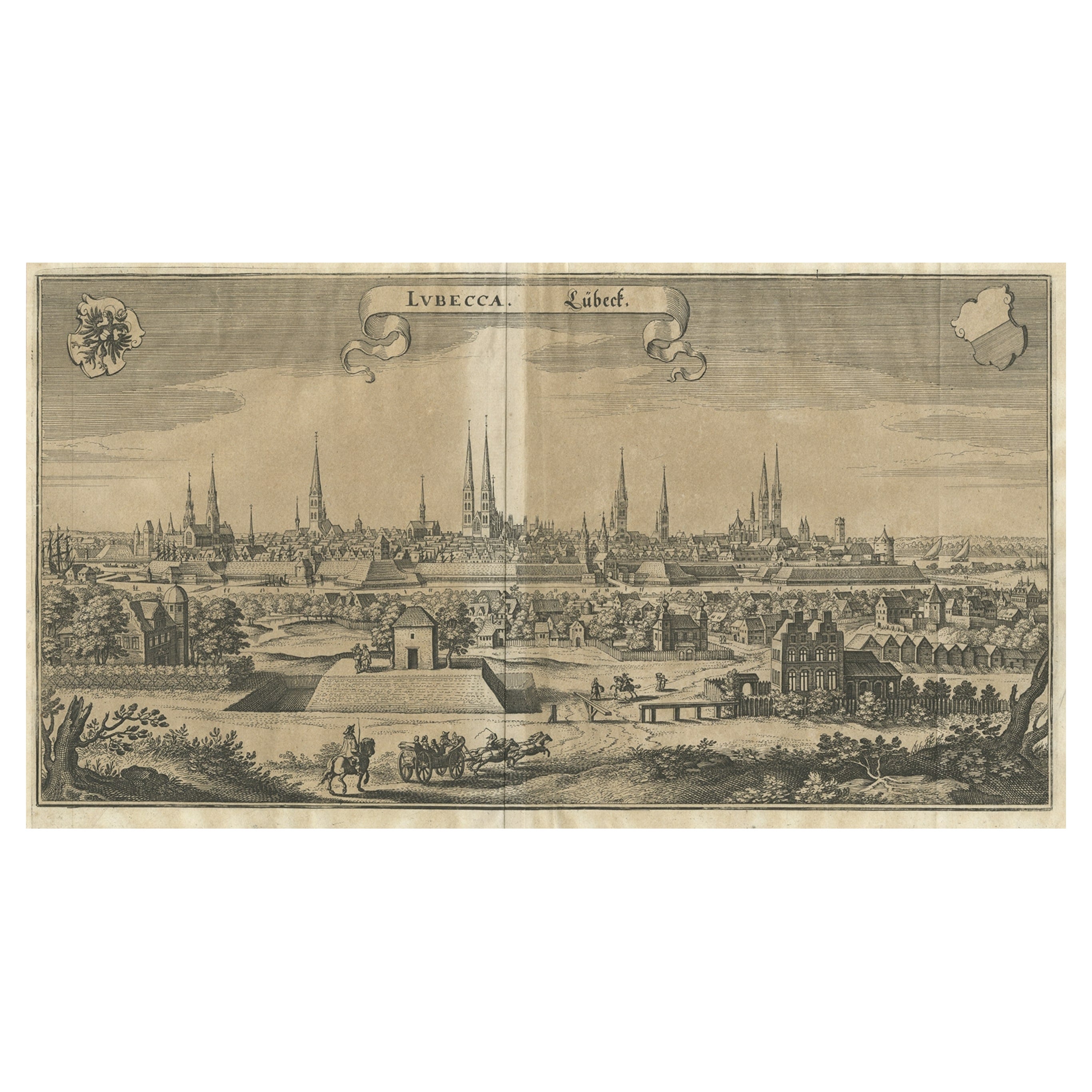 Antique Print of Hanseatic City of Lübeck in Northern Germany by Merian, c.1650 For Sale