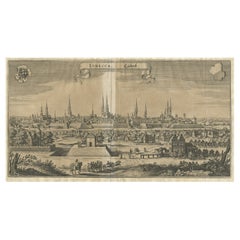 Antique Print of Hanseatic City of Lübeck in Northern Germany by Merian, c.1650