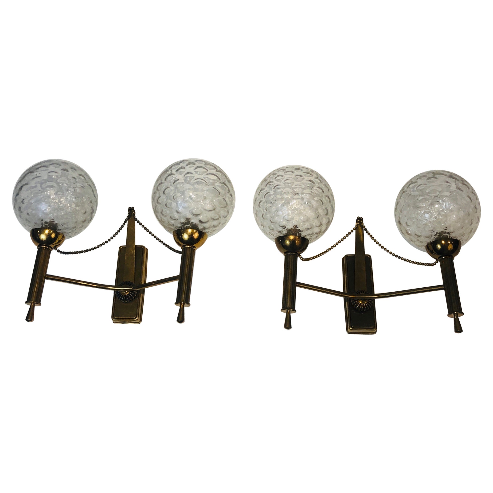 Pair of Brass and Glass Bowls Wall Sconces, French Work, Circa 1970
