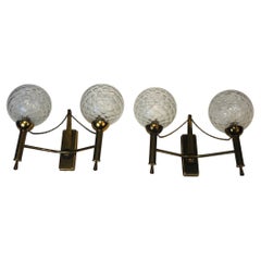 Pair of Brass and Glass Bowls Wall Sconces, French Work, Circa 1970