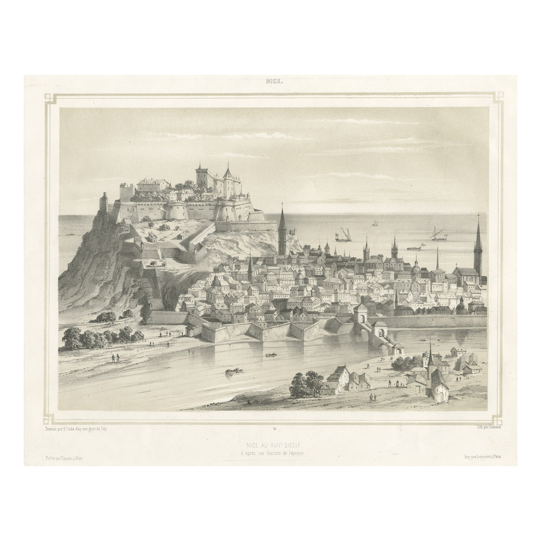 Old City View of the City of Nice, France, in the 17th Century, 1855 For Sale