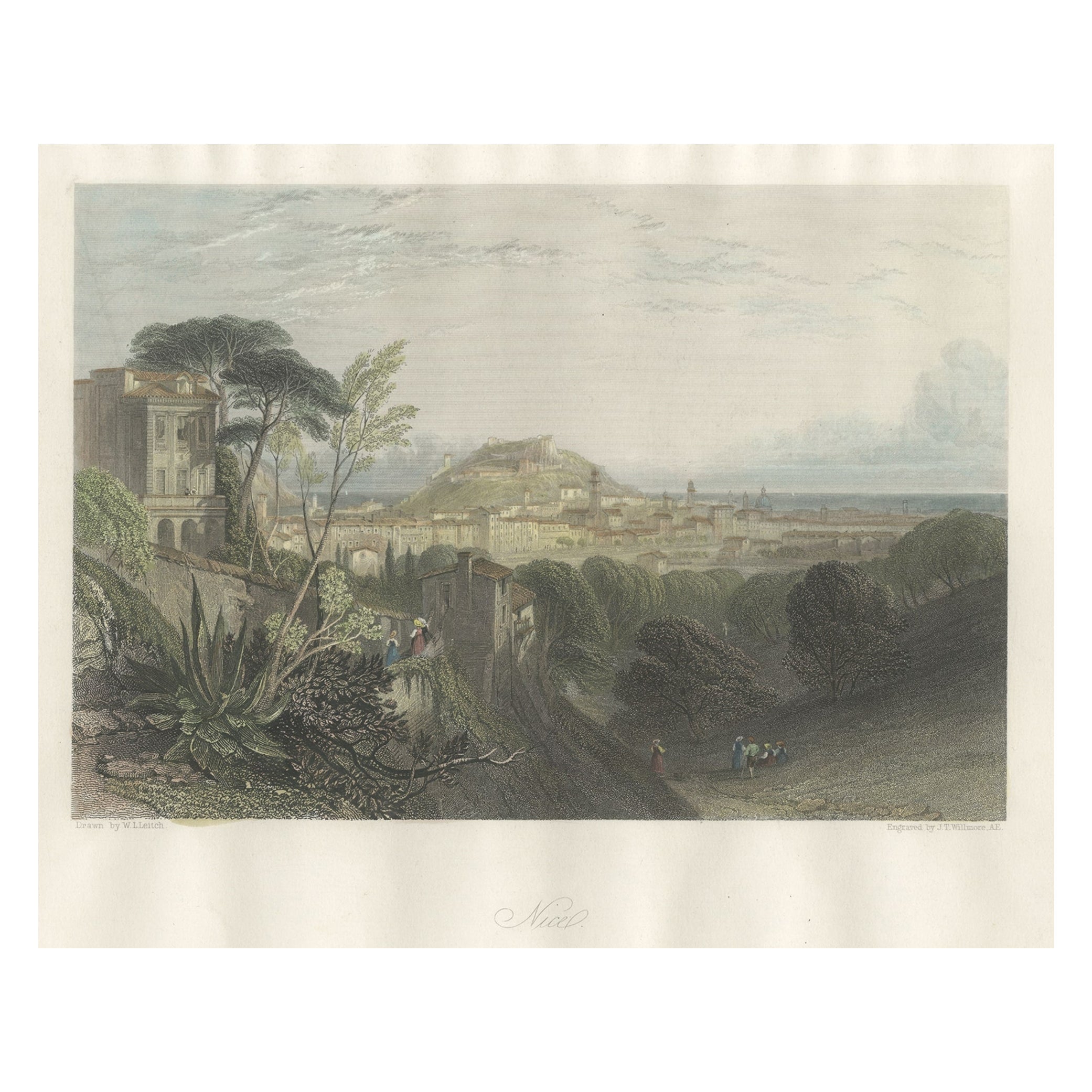Antiker handkolorierter Druck der französischen Stadt Nizza in Frankreich, 1856