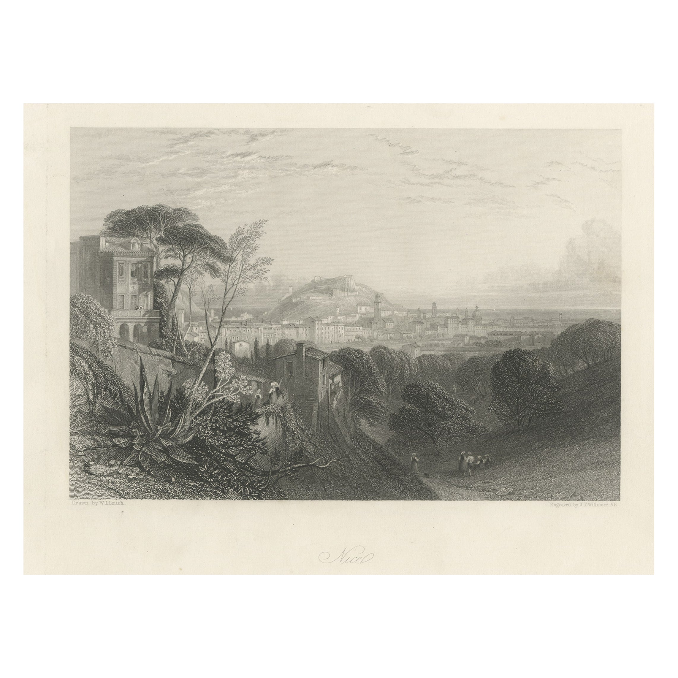 Antiker Druck der Stadt Nizza in Southern France, 1856