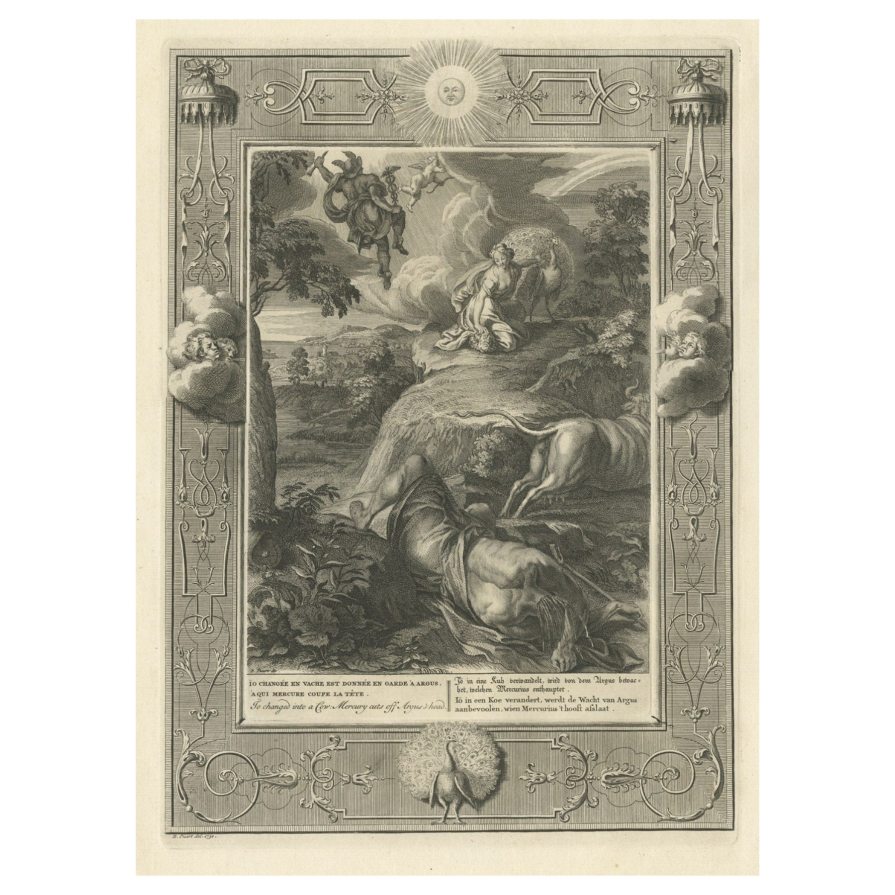 Antique Print of Io Changing into a Cow; Mercury Cuts off Argus's Head, 1733 For Sale