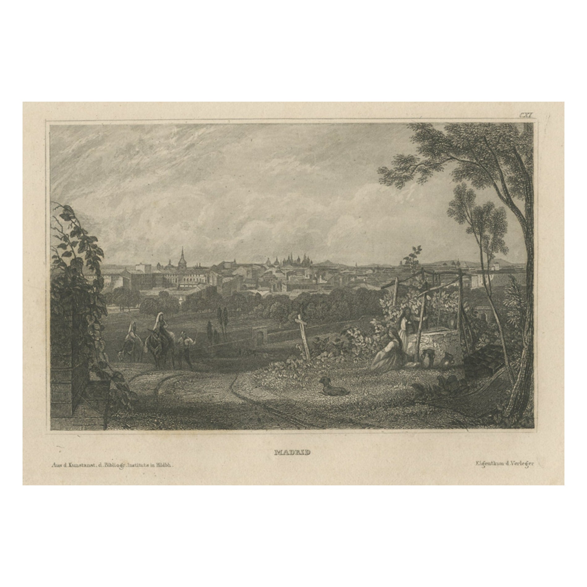 Antique Print of Madrid in Spain, 1836 For Sale