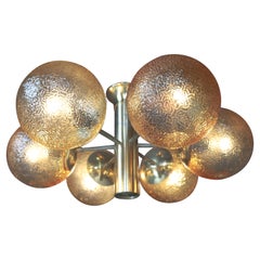 Retro Kaiser Sputnik Six Glass Globes Patinated Brass Chandelier, Germany, 1960s