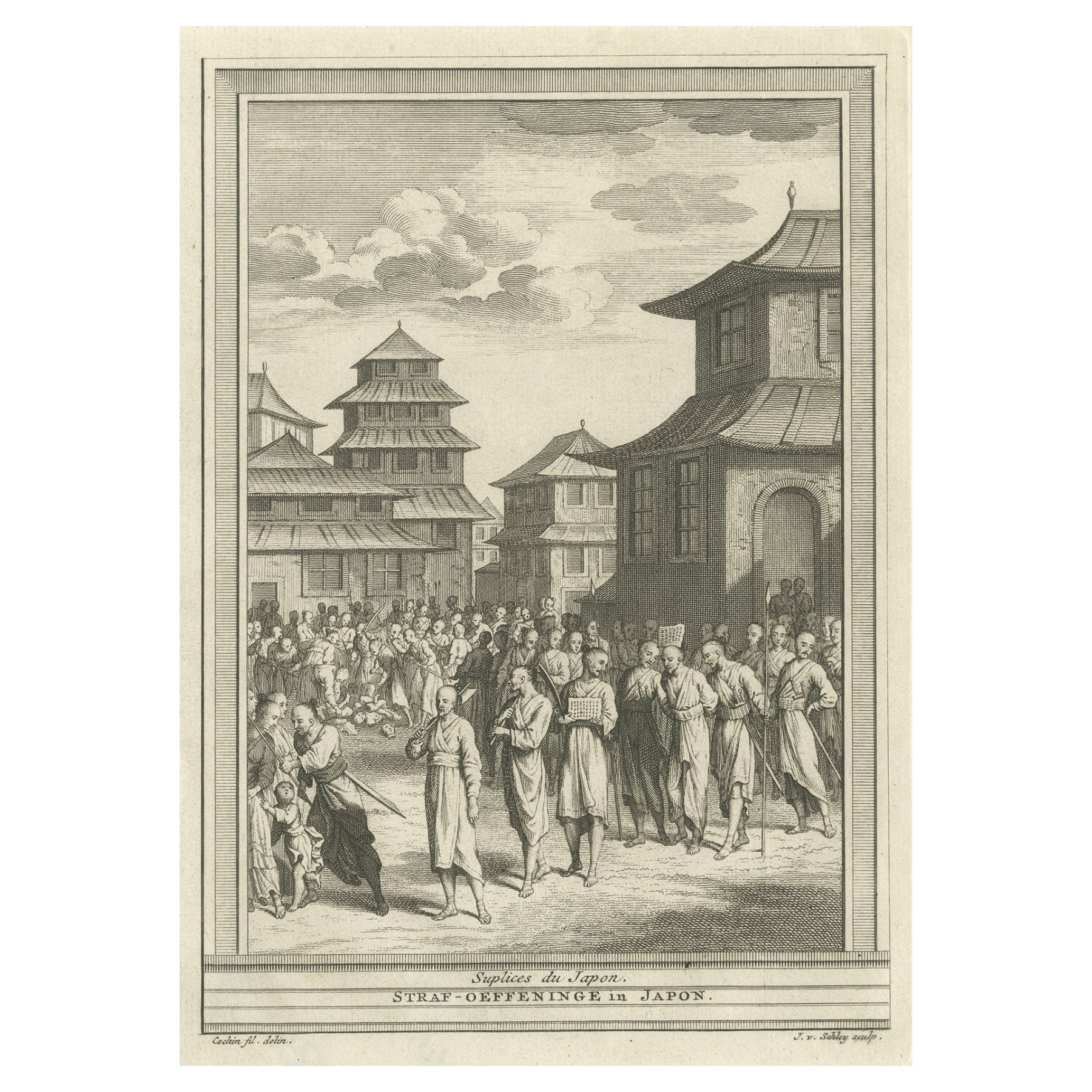 Impression ancienne du punishment japonais comprenant la décapitation, 1747