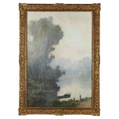 Antique Large Landscape Painting "The Boat" by Leon Hornecker