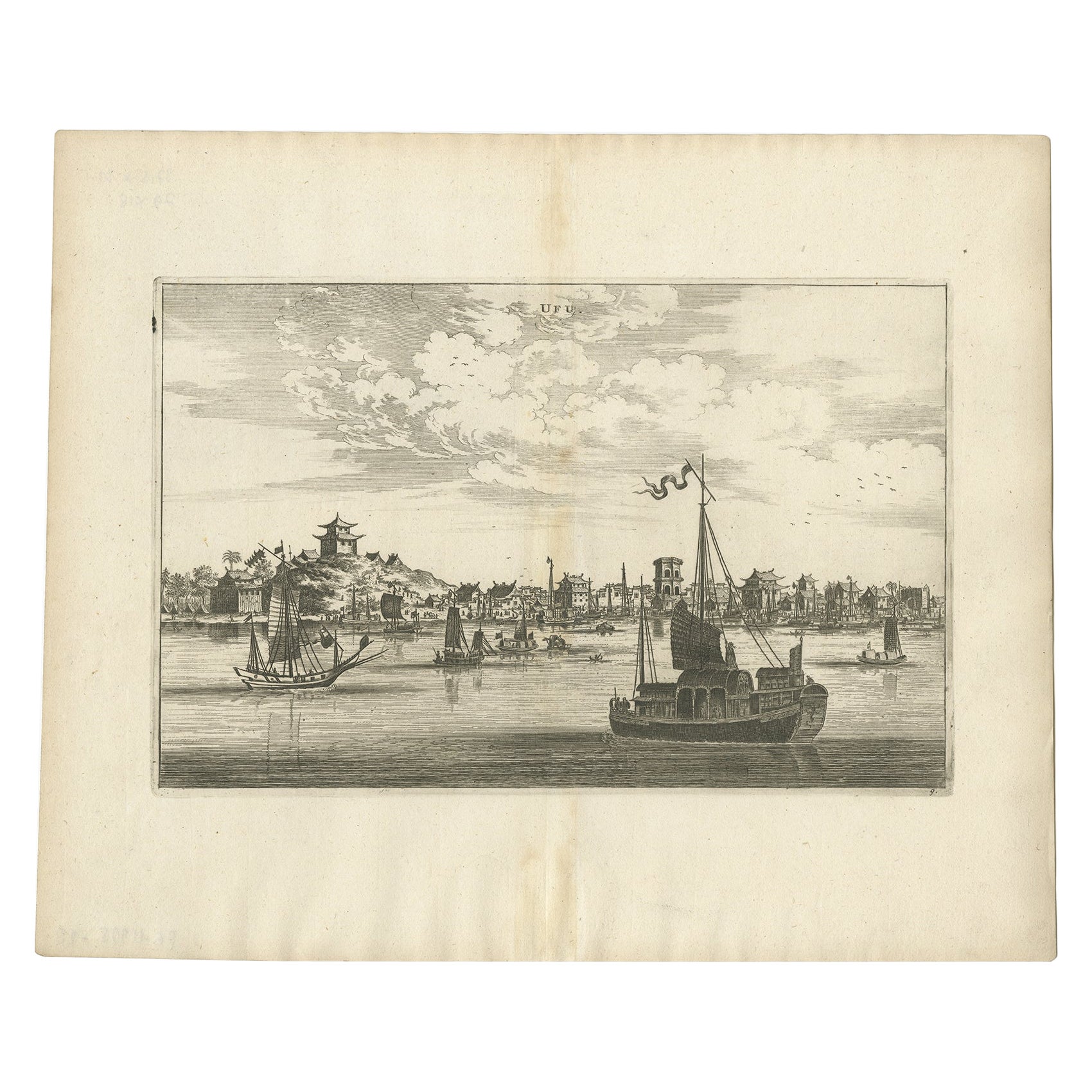 Grabado antiguo de la ciudad de Ufu en China, 1668