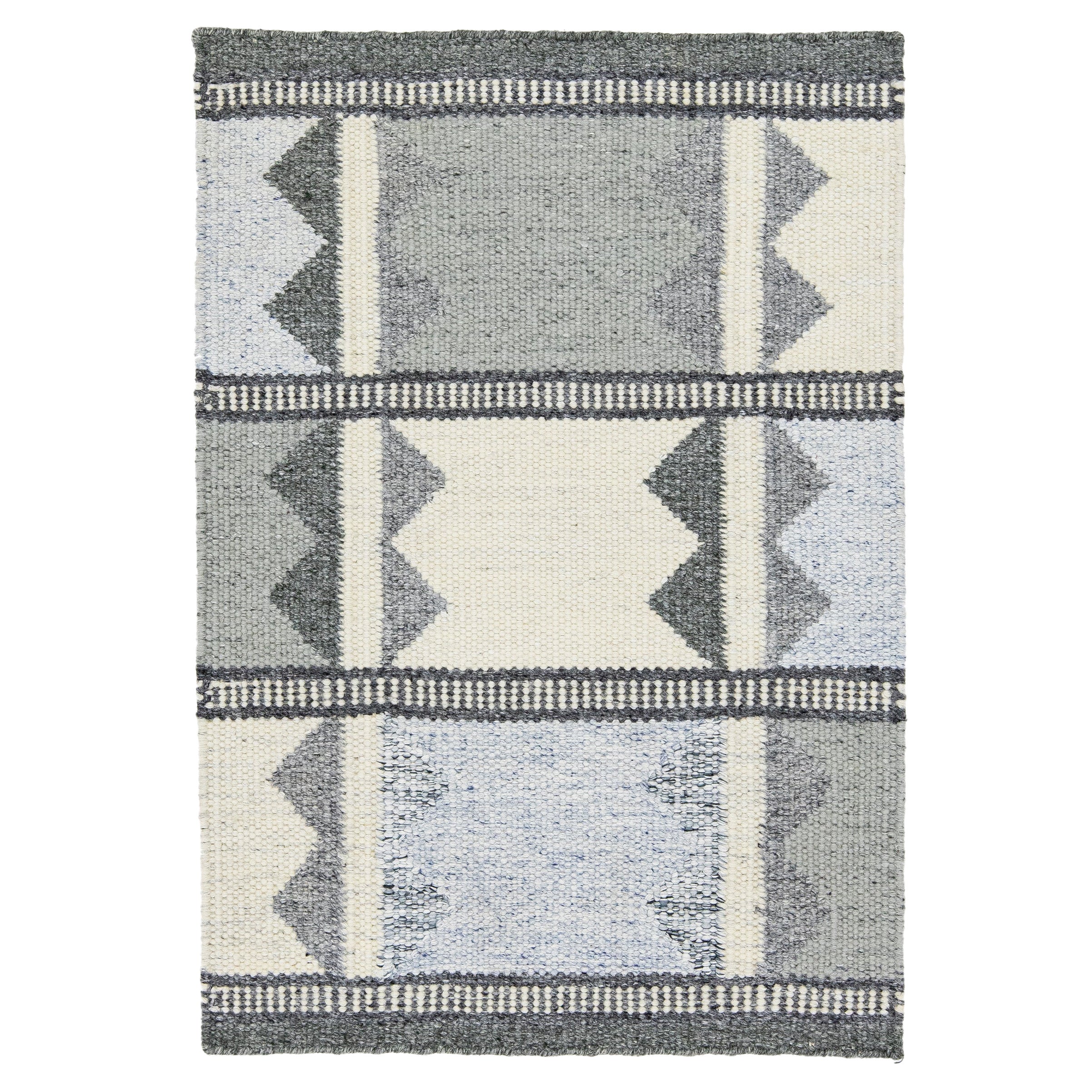 Modern Swedish Style Handwoven Geometric Gray Custom Wool Rug For Sale