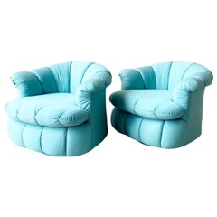 Postmodern Turquoise Clam Shell Swivel Chairs, a Pair