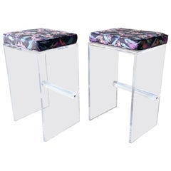 Postmodern Lucite Stools With Multi Color Cushions