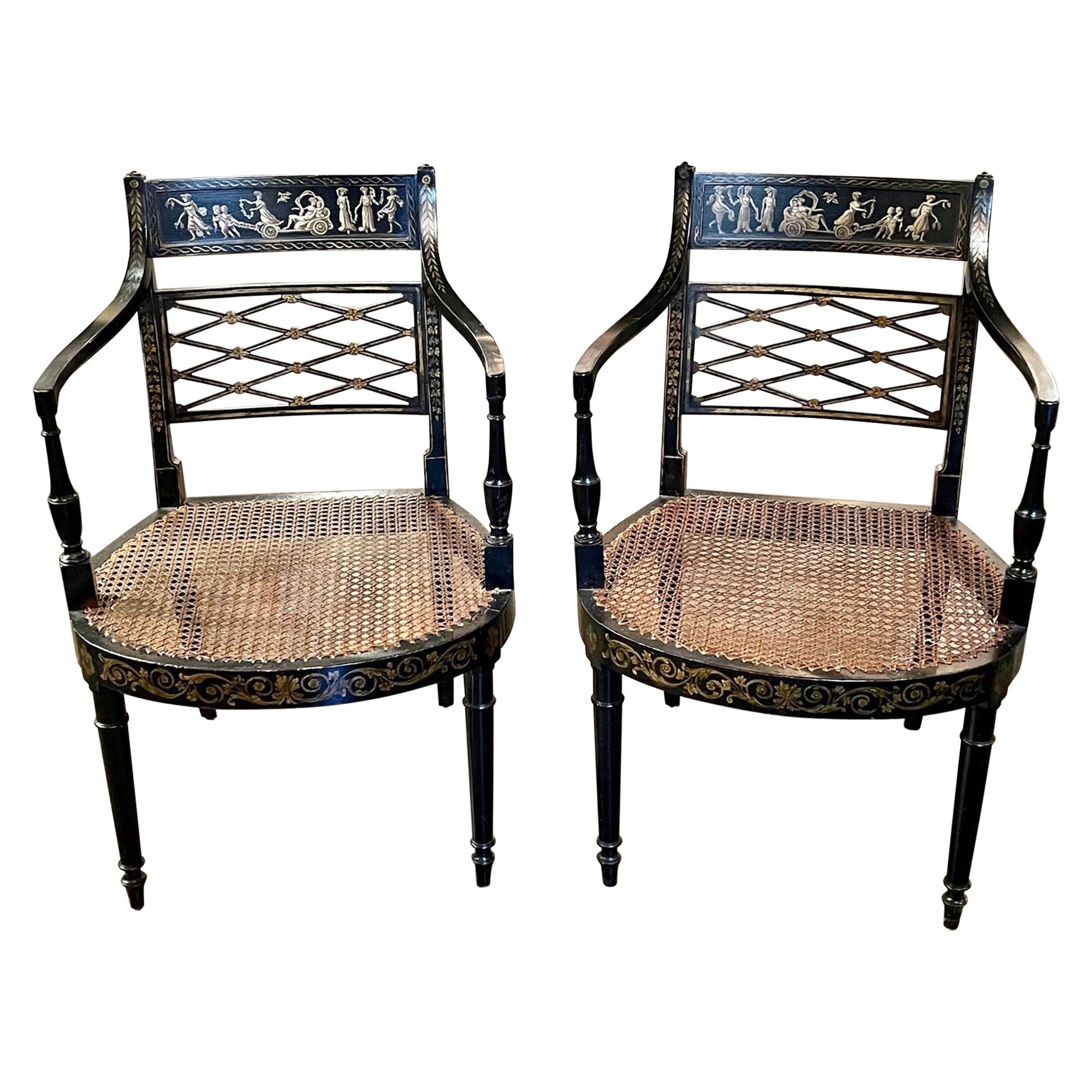 Pair of Vintage English Regency Style Neo-Classical Painted Armchairs For Sale