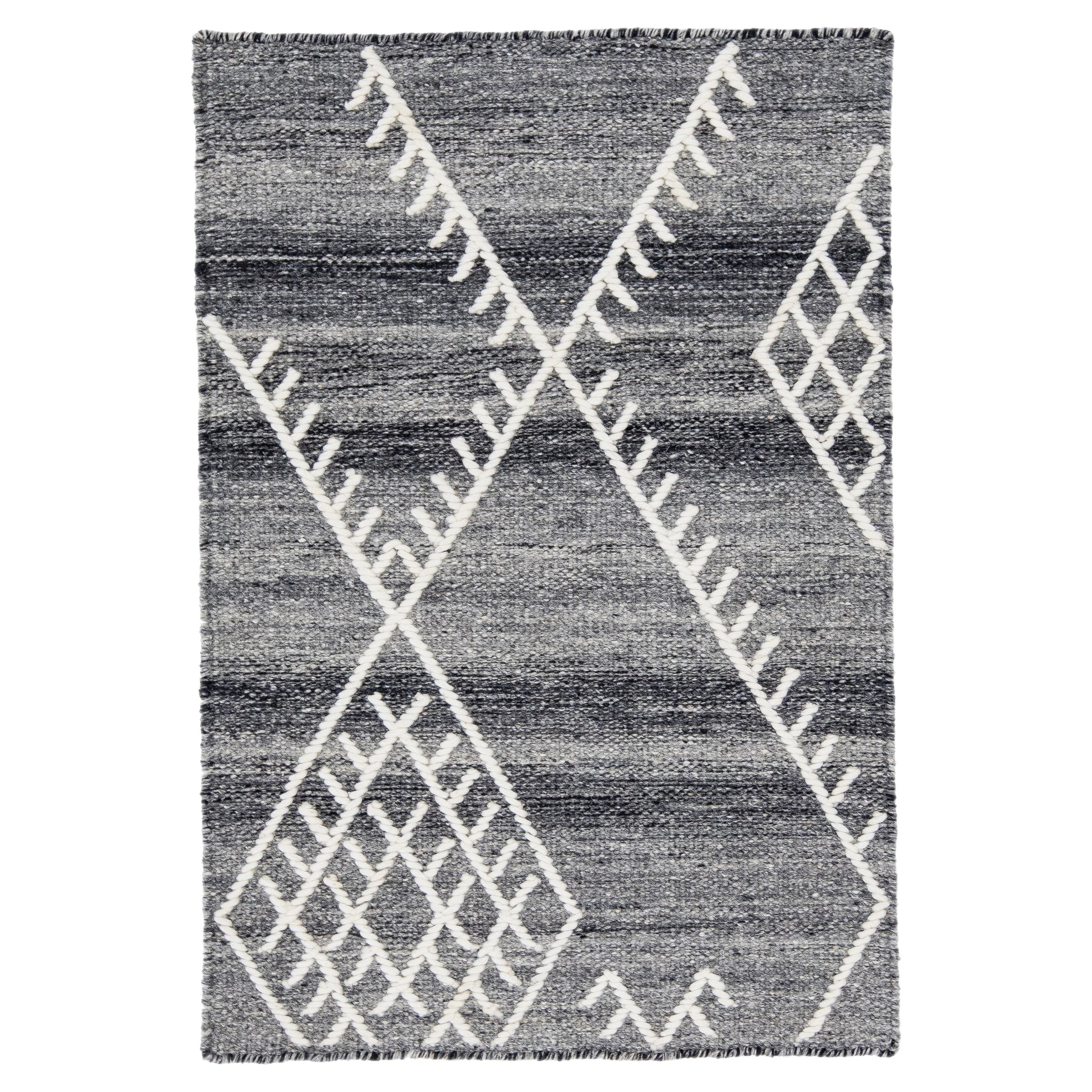 Apadana's Flatweave Kilim Dark Gray Custom Wool Rug For Sale