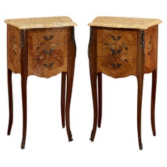 Pair Antique French Louis XV Marquetry Marble Top Nightstands