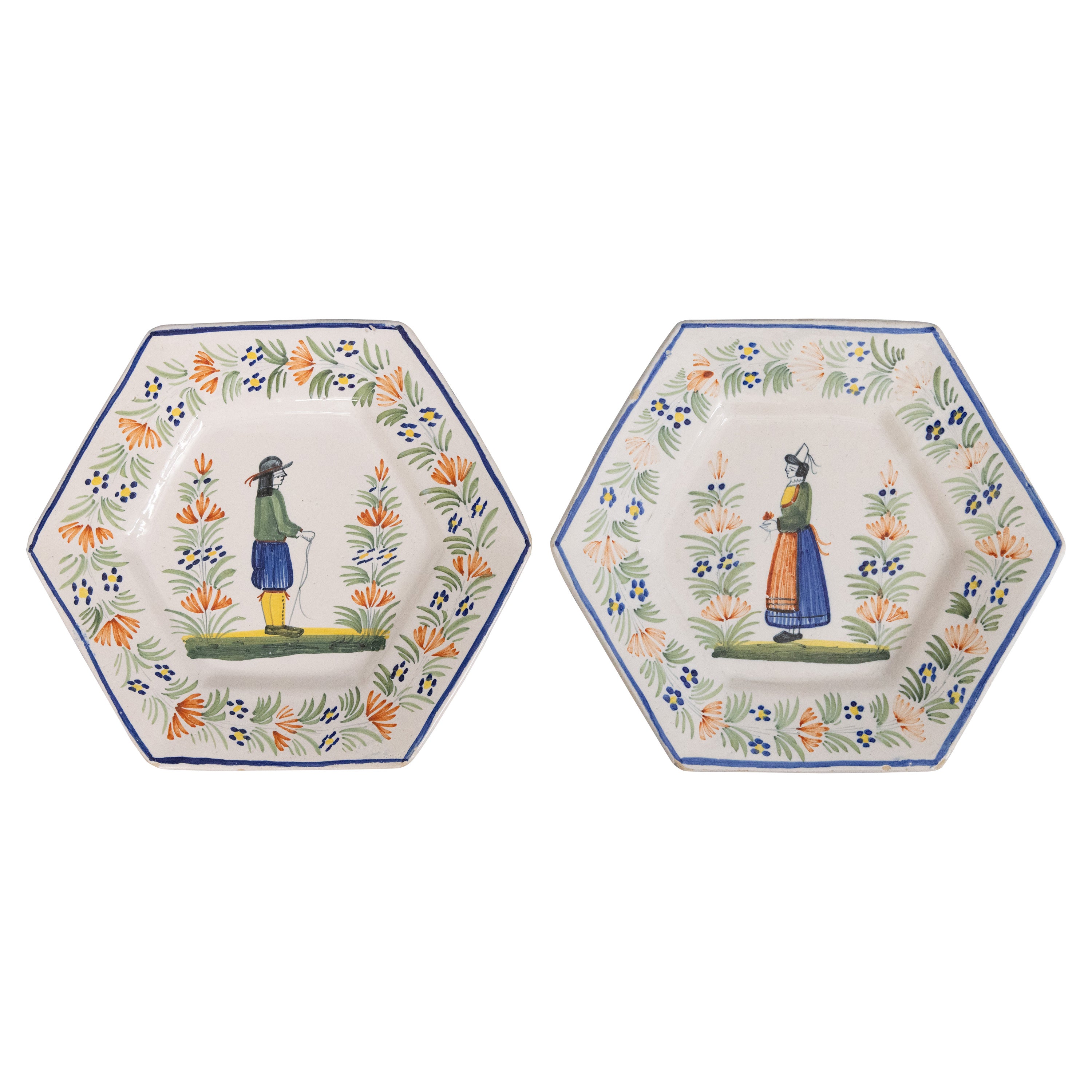 Pair of Antique Hexagonal French Faience Quimper Plates, circa 1900