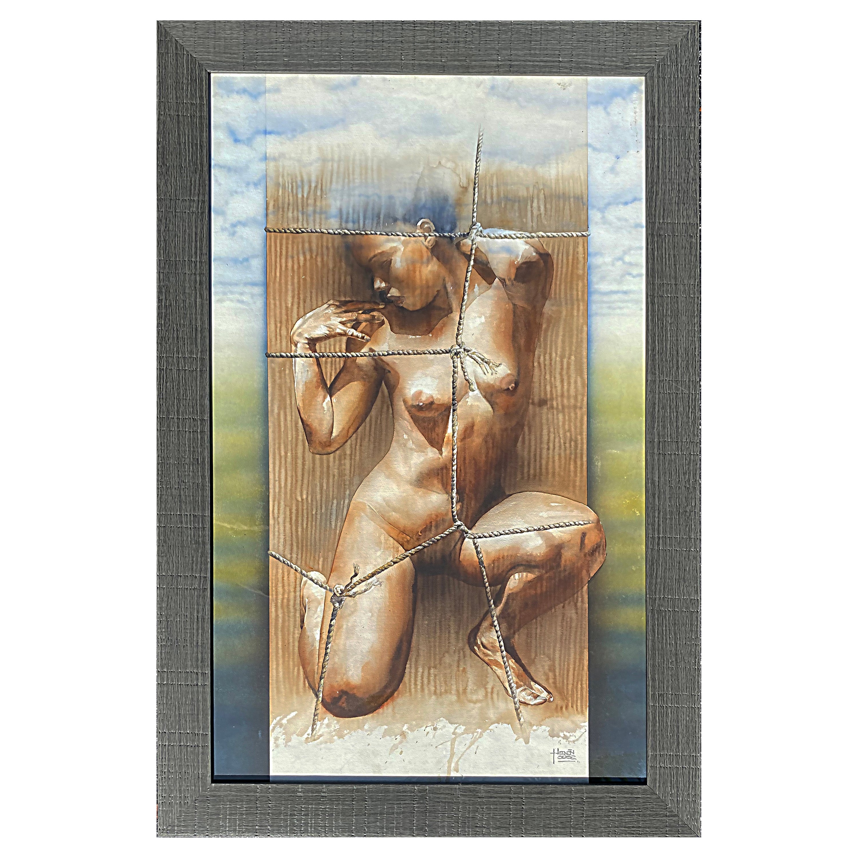 Hernán Sosa Nude Watercolor Painting on Paper Framed Under Glass #2 For Sale