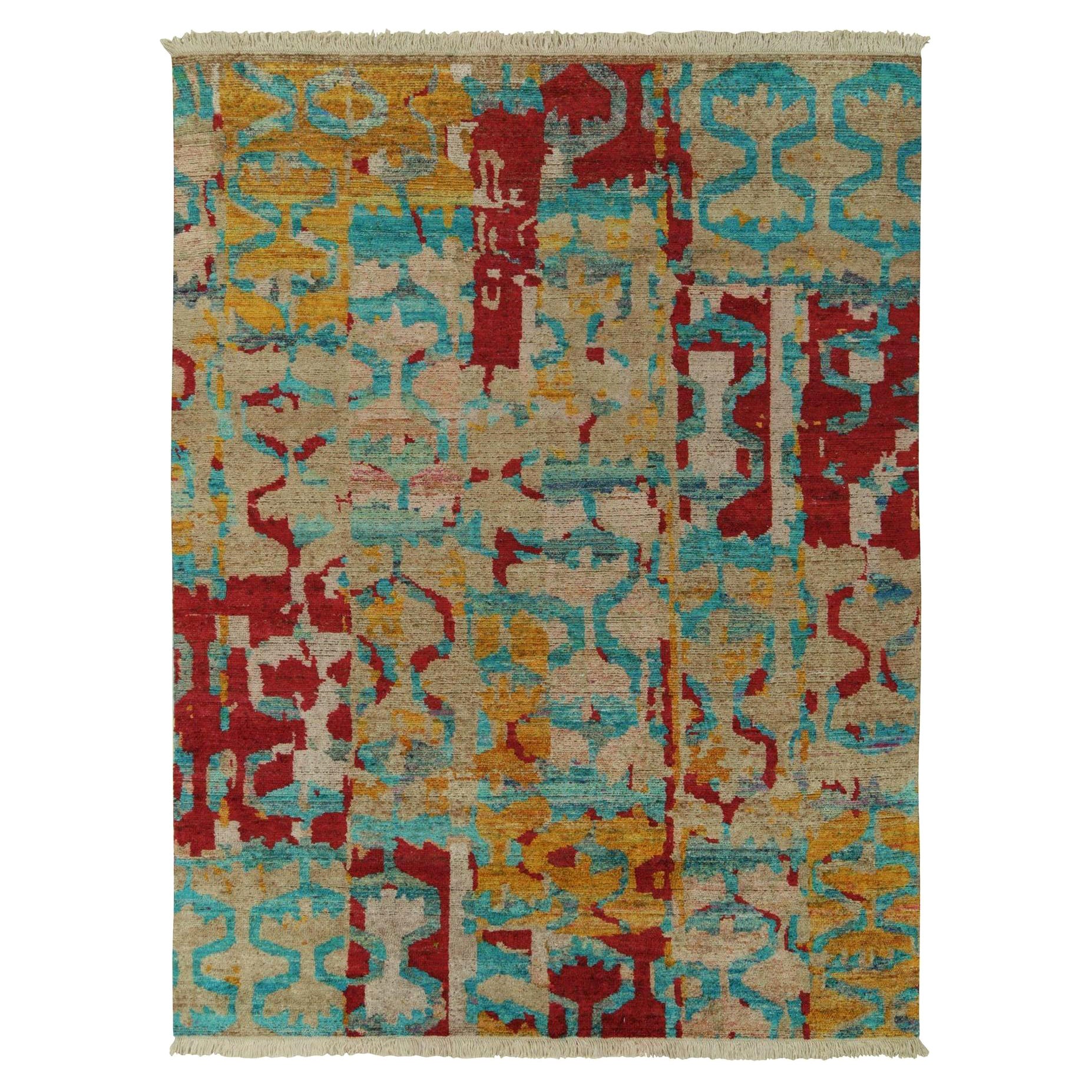 Rug & Kilim’s Modern Rug in Blue, Red and Gold Abstract Patterns For Sale