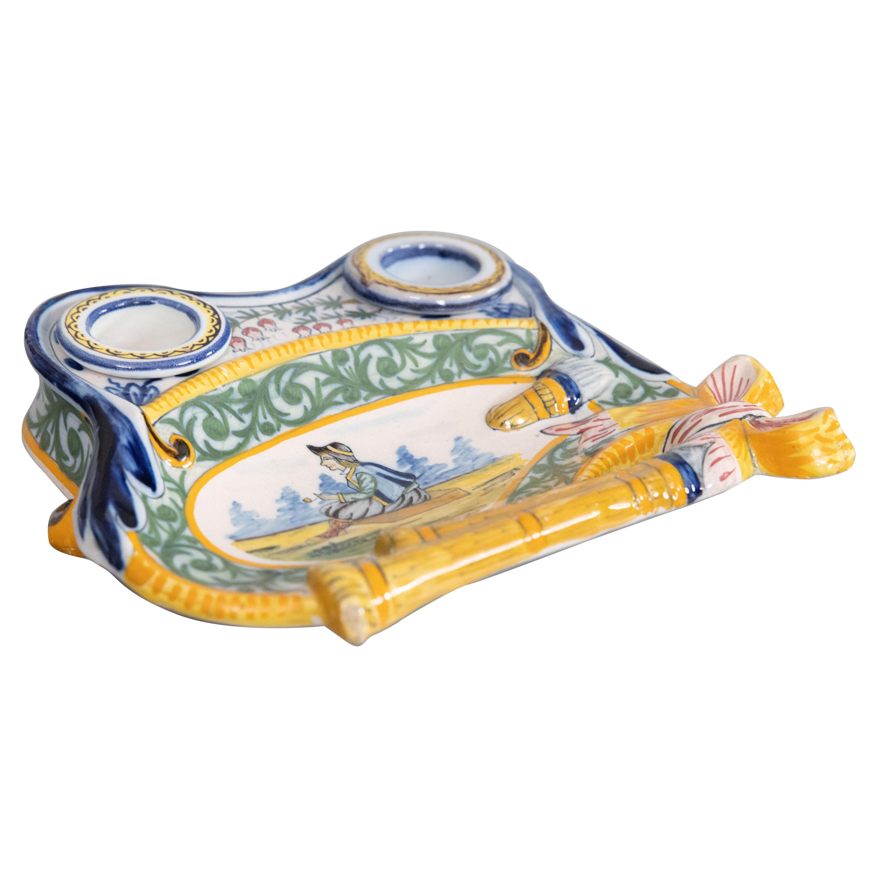 Antique French Faience Quimper Inkwell Pen Tray, circa 1900 For Sale