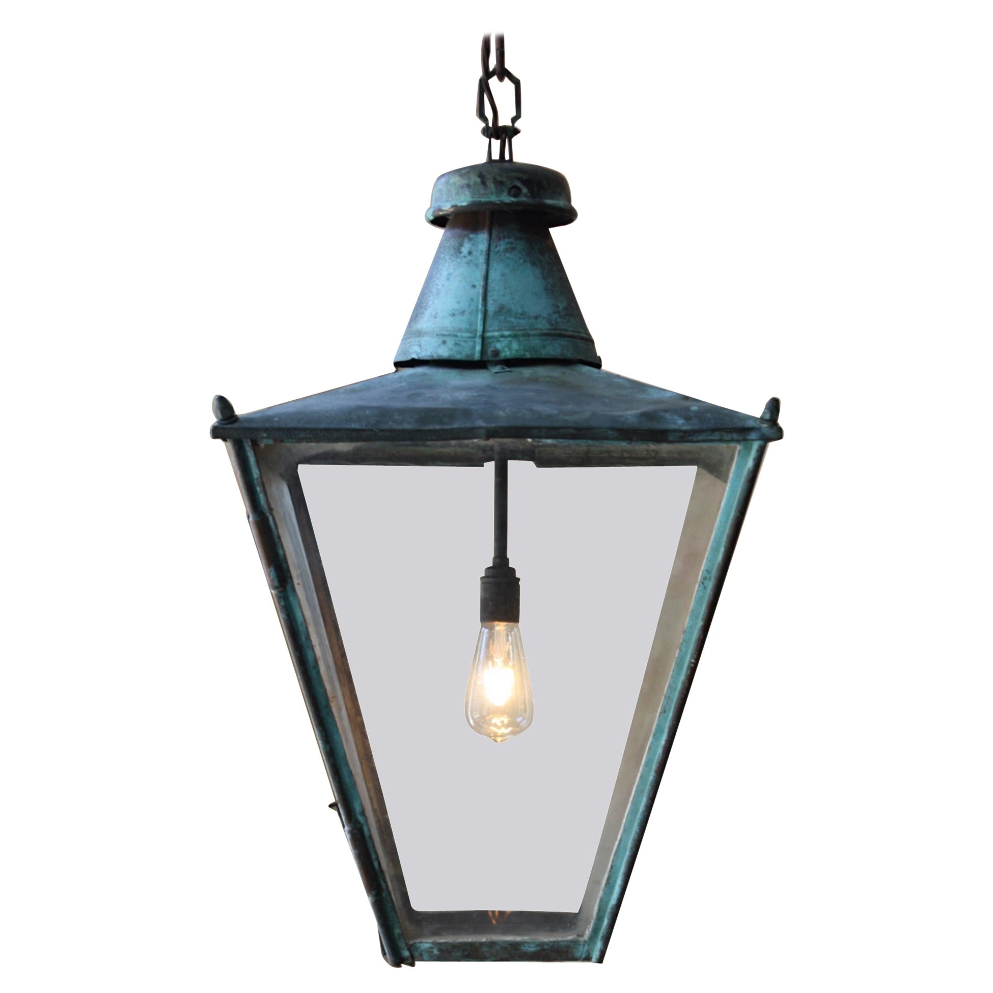 19th C Large Victorian English Sheet Copper & Glazed Lantern Verdigris Light