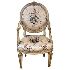 18th Century Italian Carved and Painted Armchair with Floral Upholstery