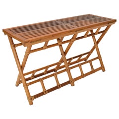 McGuire Mid-Century Modern Handwoven Bamboo Leather & Oak Slat Top Folding Bench