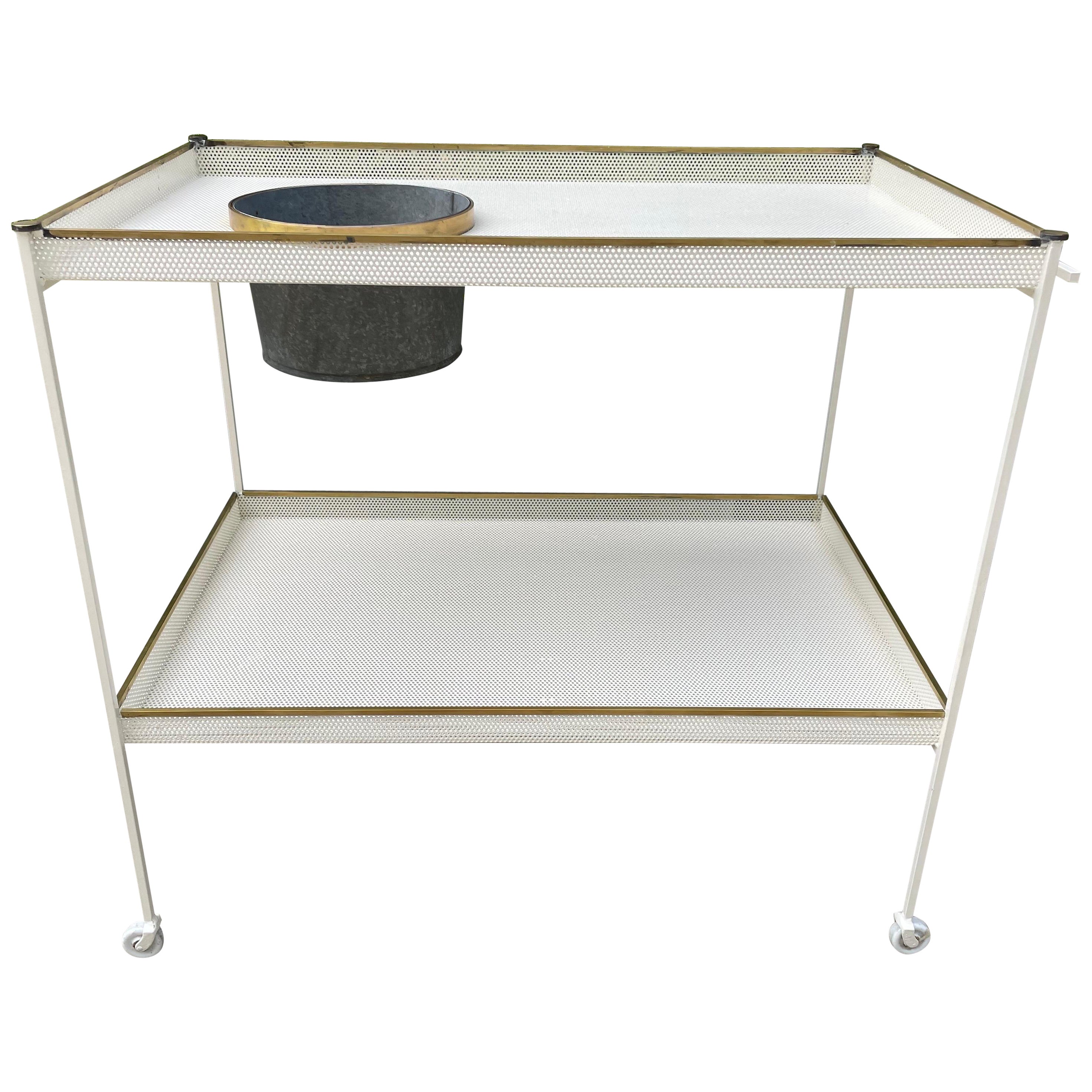 French Perforated Two-Tiered Metal Bar Cart w/ Brass Accents For Sale
