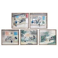 Antique Collection of Five Japanese Oshi-E Textile Art Panels Meiji Period