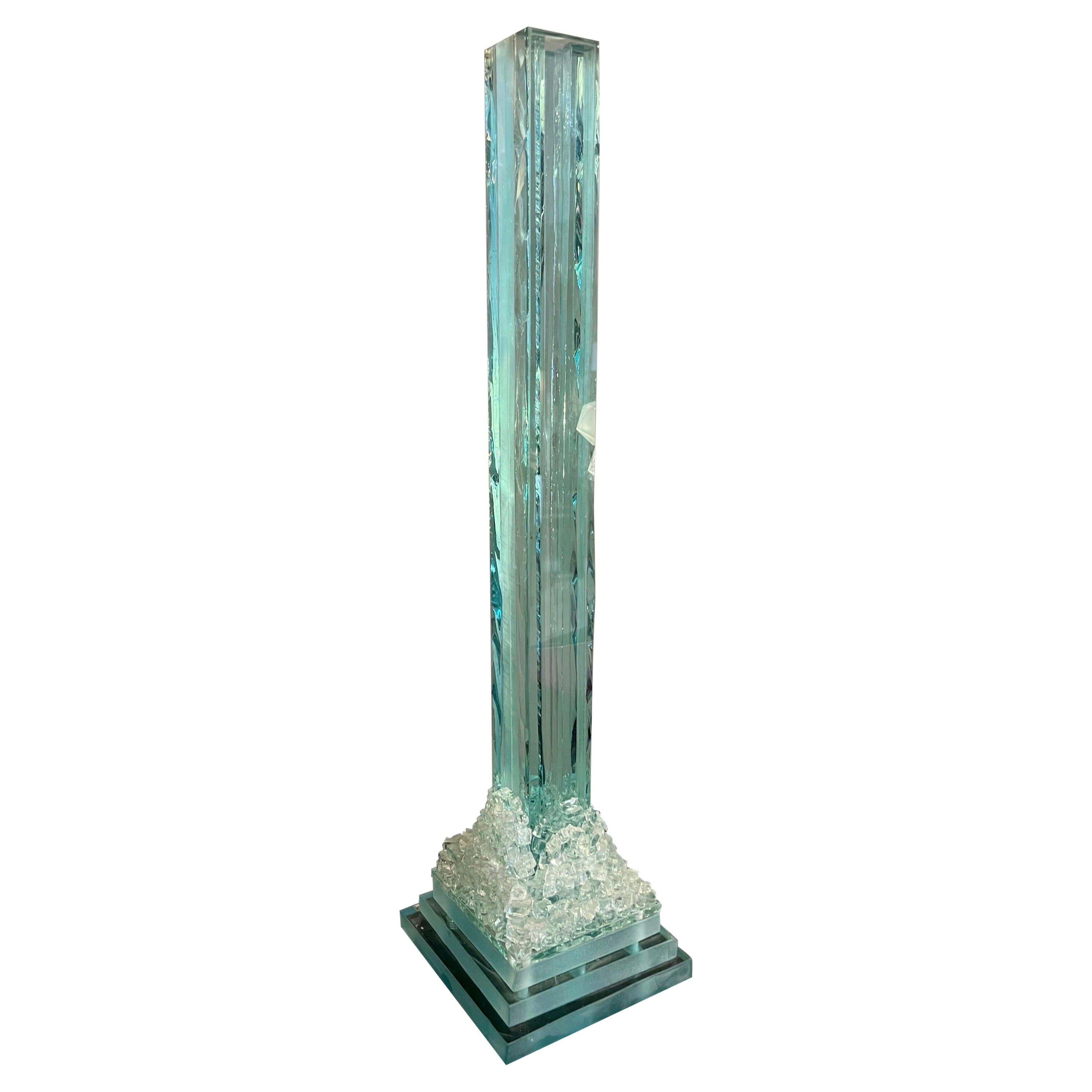 Lampada da tavolo scultura Menhir in vetro acquamarina vintage, anni '50