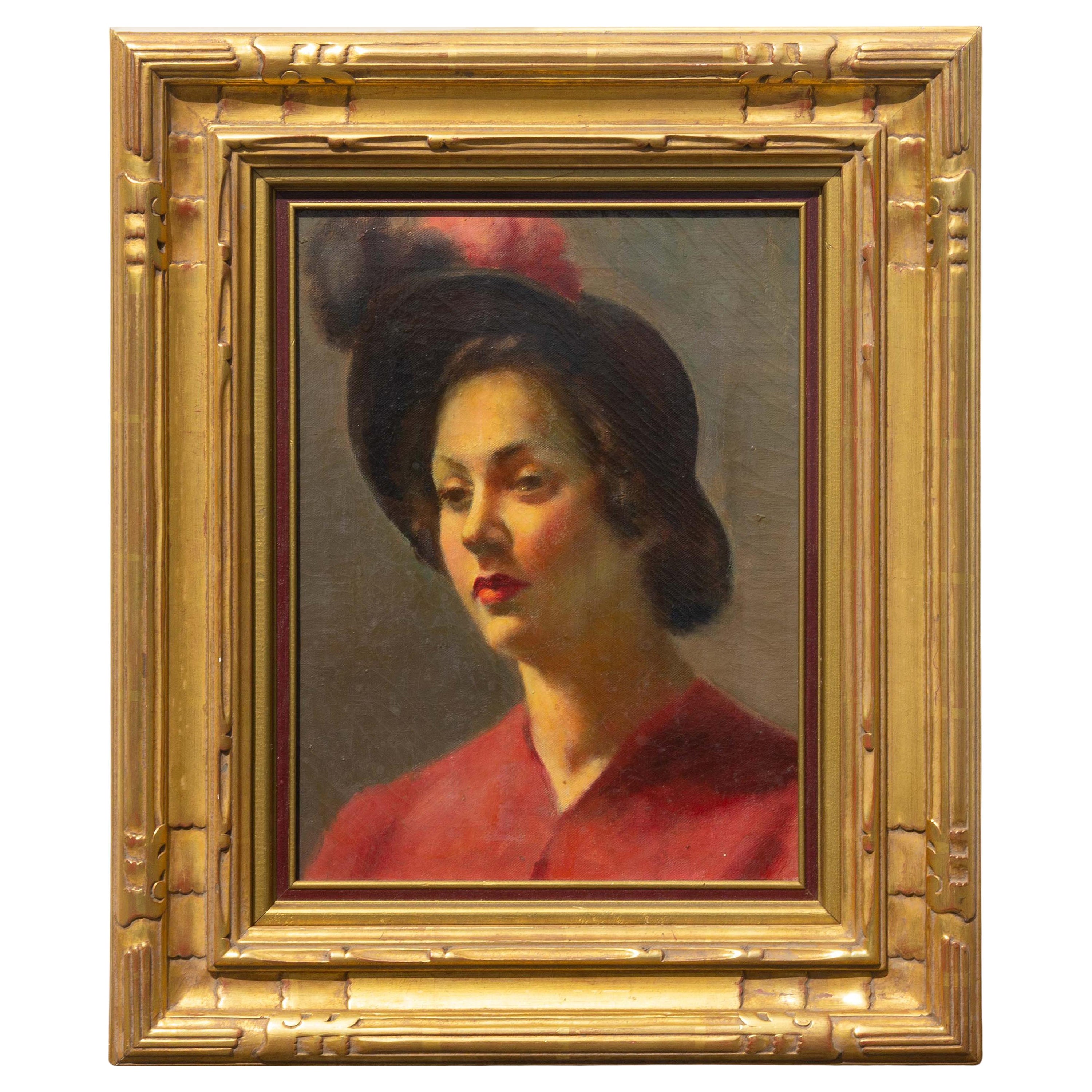 "Lady in Red" Framed Oil Portrait, Circa 1950 For Sale