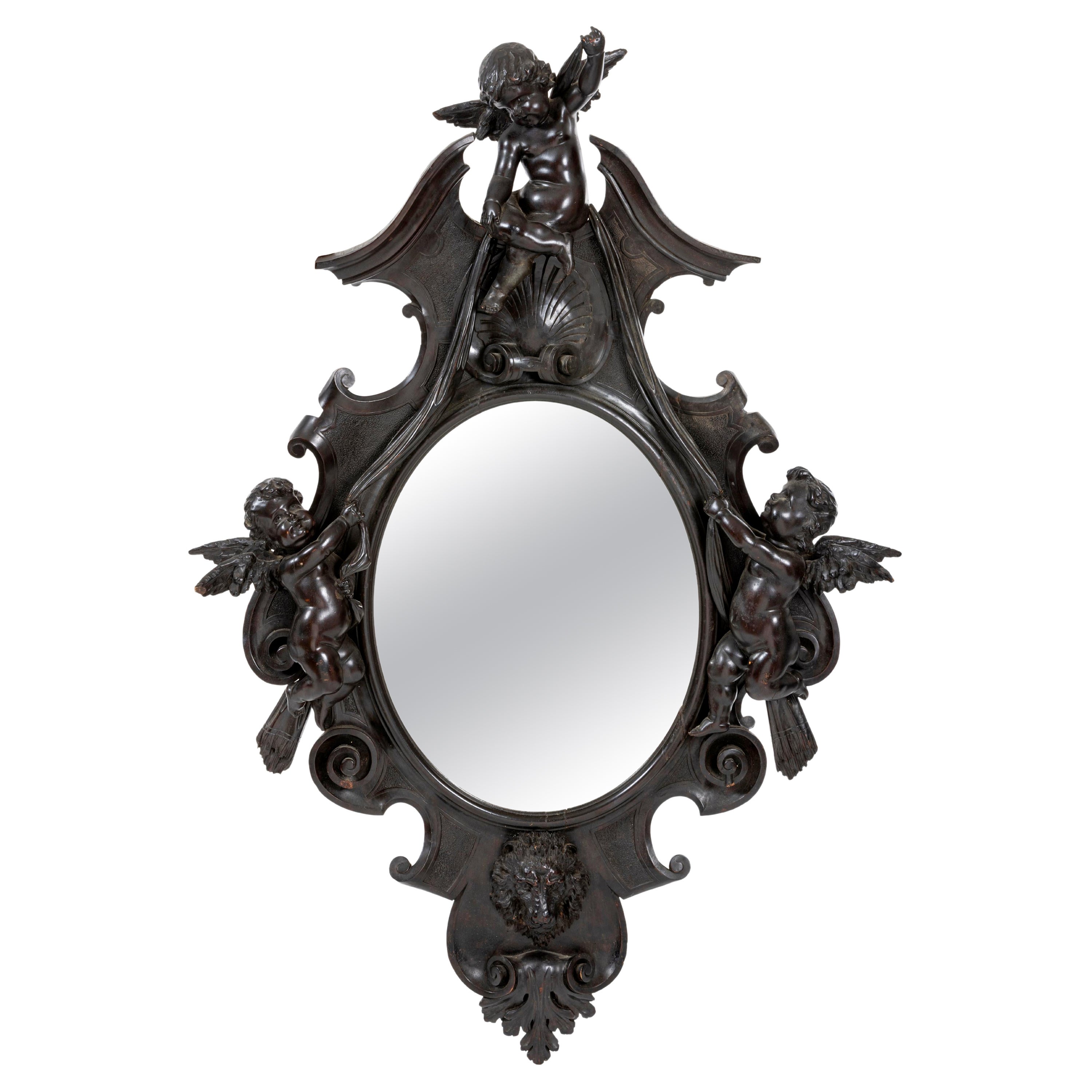 Large Italian Rococo Revival Carved Cherub Oval Mirror, 19thC 