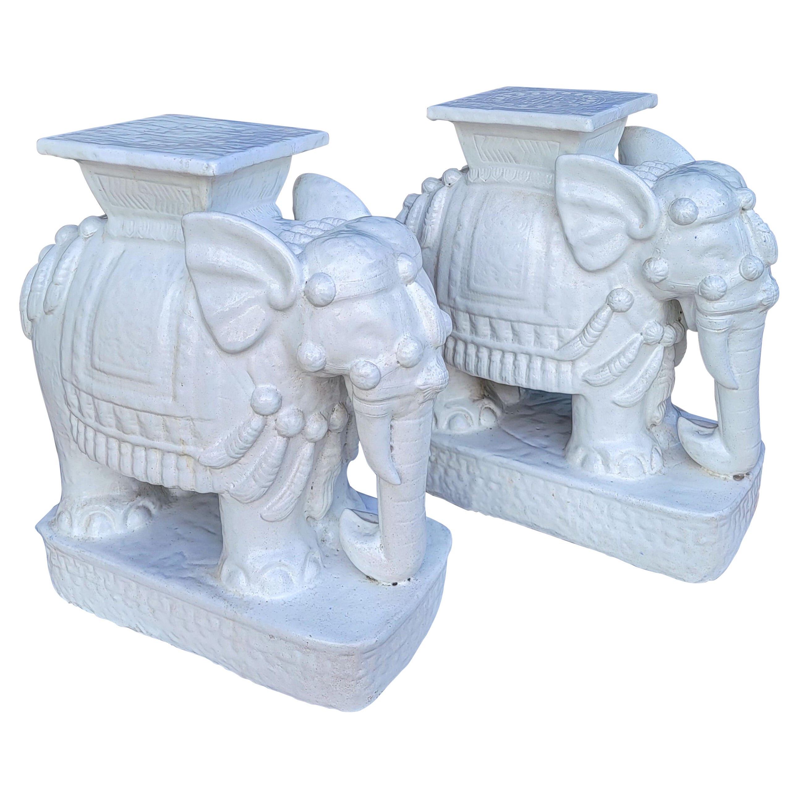 Mid-Century Blanc De Chine Style Asian Elephant Garden Stools / Side Tables -2 For Sale