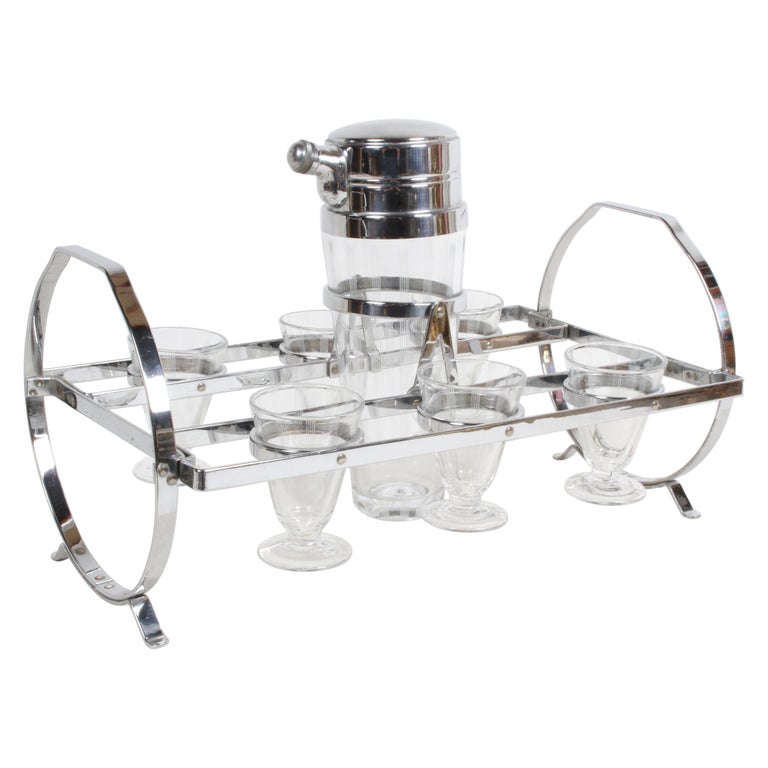 1930s Art Deco Chrome Cocktail Shaker with Six Glasses on Gyroscopic Caddy Stand For Sale