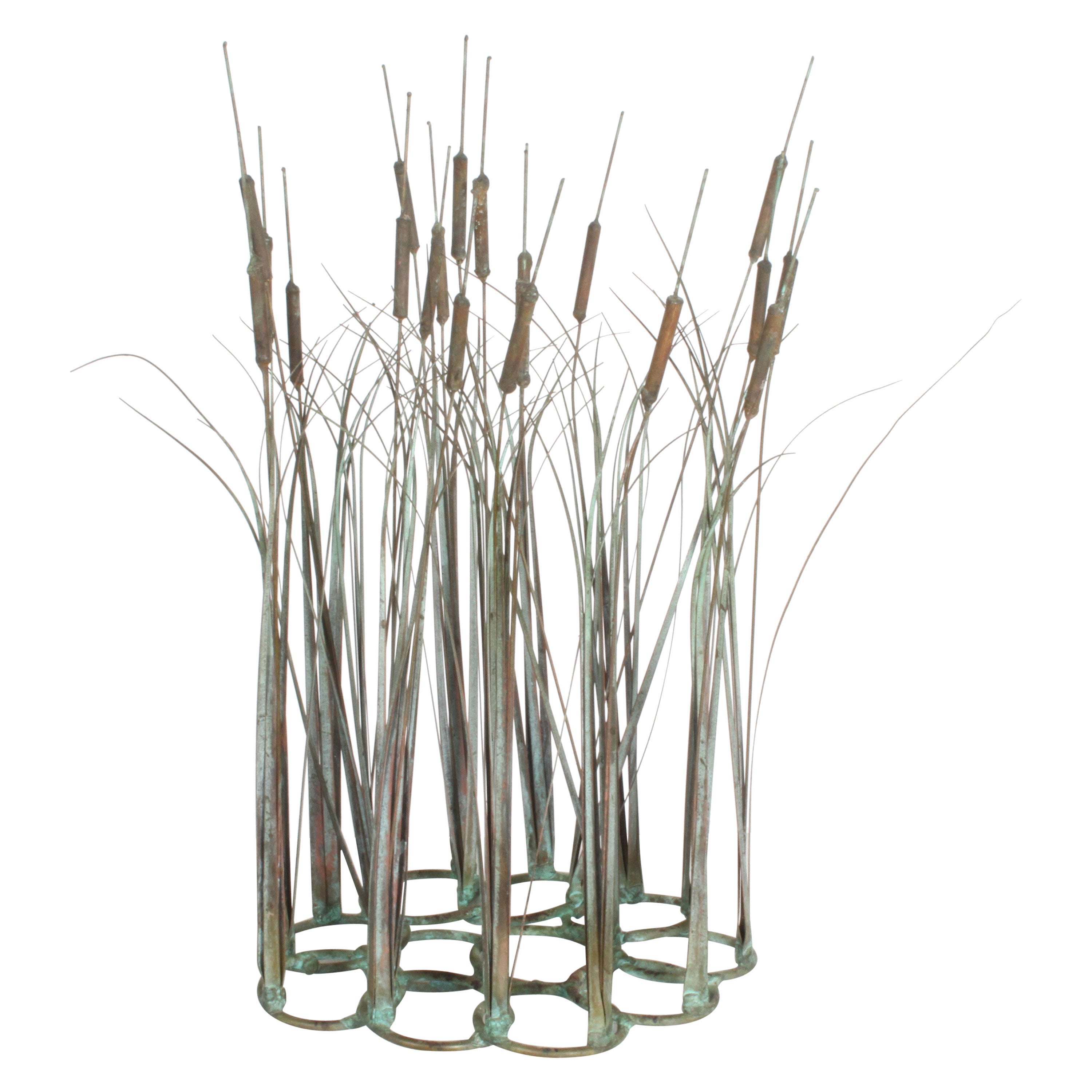 1970s Brutalist Mid-Century Patinated Bronze & Copper Cattail Kinetic Sculpture