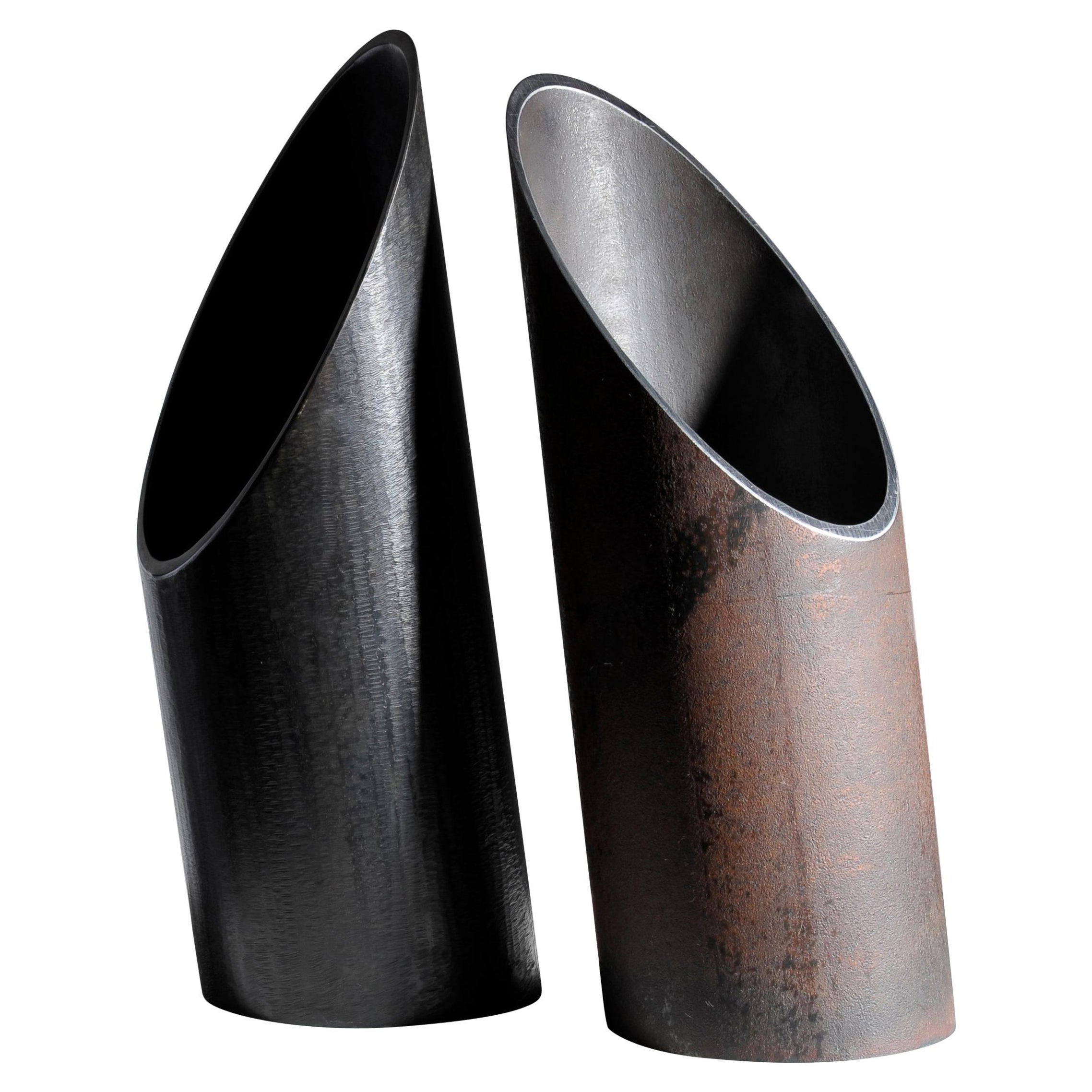 Pipe, Pair of Steel Sculpted Vases, Signed by Lukasz Friedrich