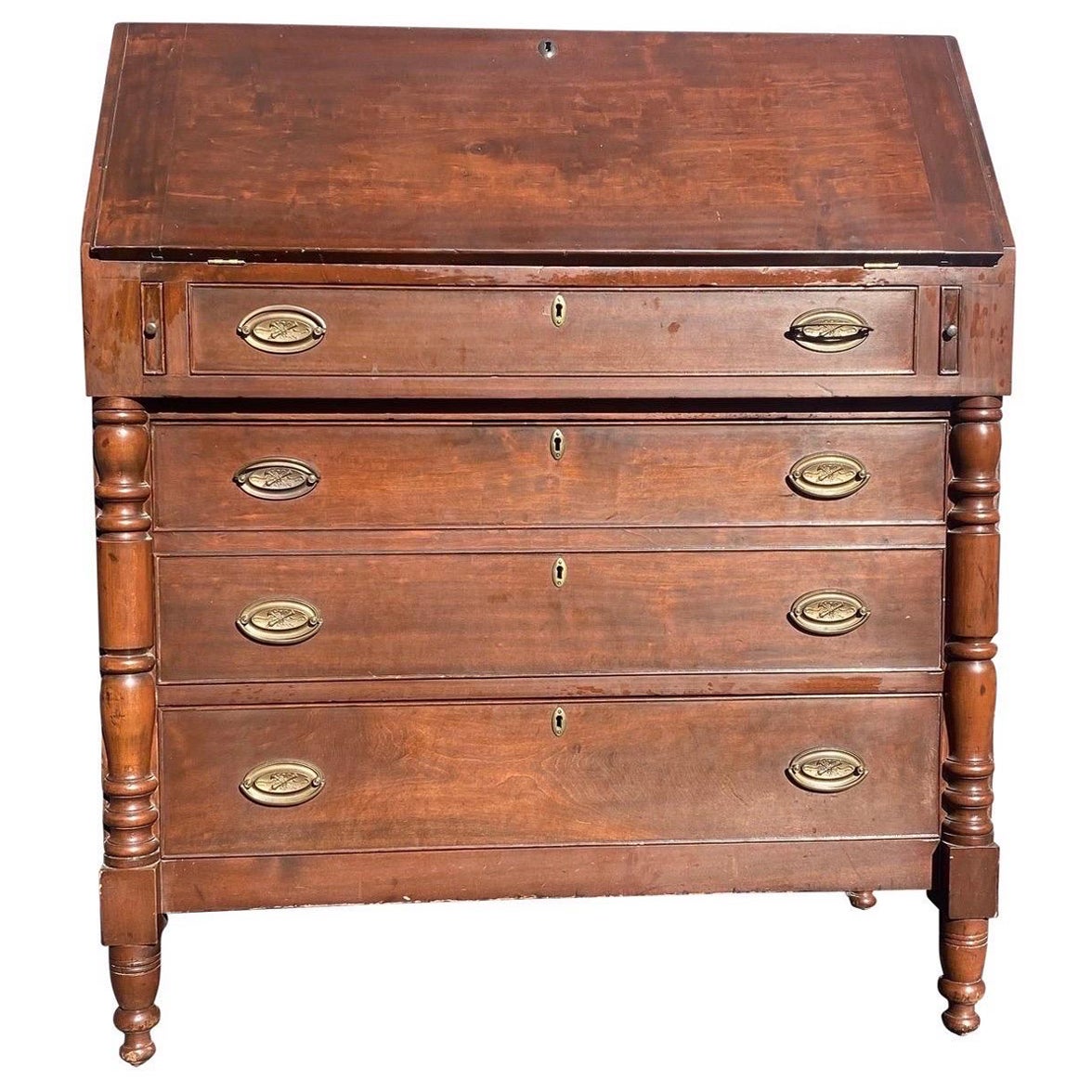 Federal Antique 1825 Drop Front Secretary Desk, Cherry & Tiger Maple